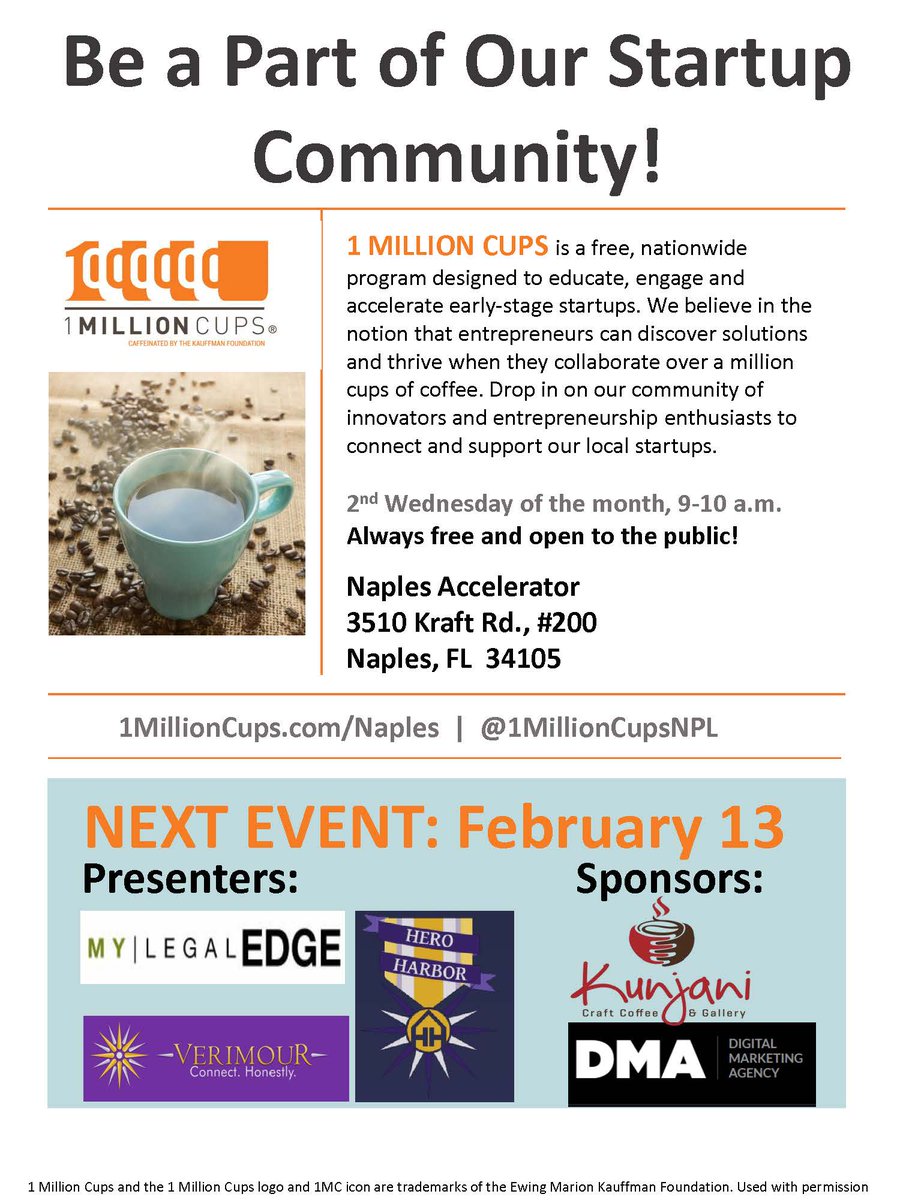 9-10 AM FEB 13: #1MCNaples will feature #WomenEntrepreneurs! #LegalForms provider @mylegaledge, @Verimour, a #DatingApp, & its related #app, @HeroHarbor will present. Even our coffee provider, @KunjaniNaples, is a #WomanOwnedBiz! Our sponsor will be DMA. 
bit.ly/2AQEzdQ