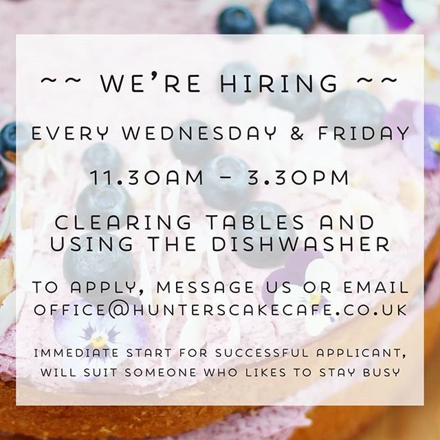 We're looking for someone to work with us every Wednesday and Friday, helping to clear tables and keep the dishwasher under control! 
11.30am till 3.30pm with possible overtime.

Immediate start for successful applicant - this role will suit someone who … bit.ly/2FFPo5Q