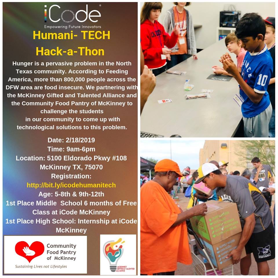5th-12th graders: We're joining iCode-McKinney &amp; Community Food Pantry of McKinney for a Hack-A-Thon on 2/18!  Winner prizes include iCode scholarship &amp; internship.  For more info &amp; to apply: bit.ly/icodehumanitech  Not an MISD-affiliated event; not limited to MISD students.