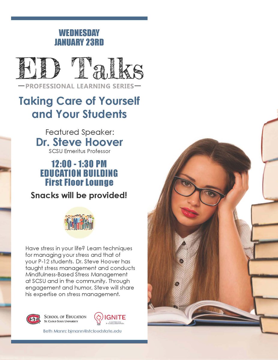 ignite_center's tweet photo. Greetings!

The St. Cloud State School of Education and Ignite Center invite you to join us for our first ED Talk of 2019! The event will be on Wednesday, January 23rd from 12:00-1:30pm in the Education Building First Floor Lounge. https://t.co/36VNJrhJ69