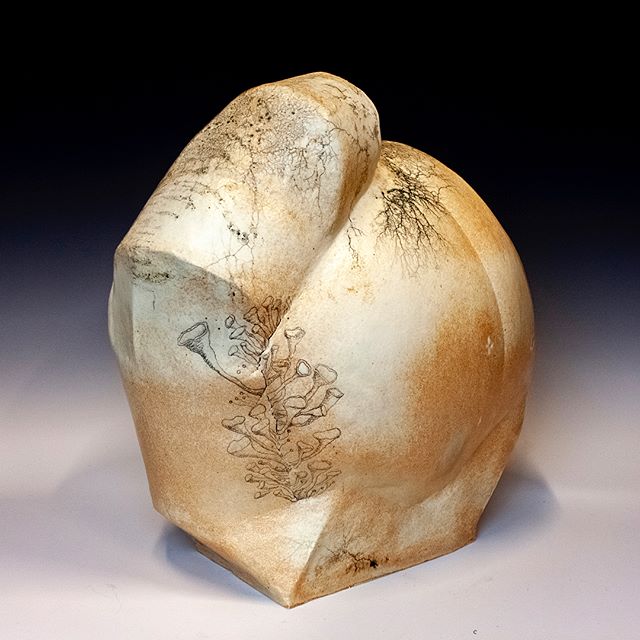 elaket's tweet photo. Anthropomorph I. Porcelain illustrated by slime-mold painted glyphs and human-drawn graphite lichens. #sculpture #bioart #sciart #artsci #art #science #lichen #lichenology #slimemold #slimemould #porcelain #abstract #natalieandrew #harvardceramics #illustration #ephemeral #whatw https://t.co/eKtU0Ufzp9