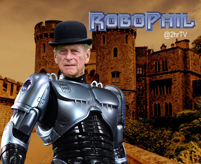 2hrTV's tweet photo. There's a very good reason why Prince Phillip The Duke Of Edinburgh was unhurt in that crash... #robophil #2hrTV https://t.co/9pBJsjLQF8