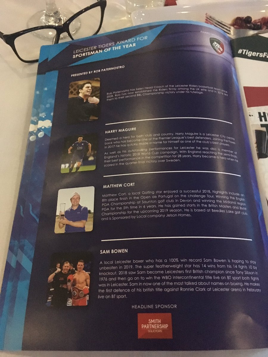 jlbax1970's tweet photo. Leicester Tigers #Sportsman of the Year finalists #SamBowen @CarlGreavesPro you were on the big screen but popped at the post by @HarryMaguire93 😊 #LMSA2018 @LCFC @LeicesterTigers 🏆🥂 https://t.co/x5glHc9K7P