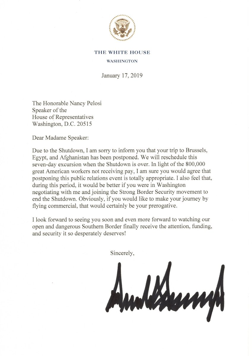 ScottWalker's tweet photo. How can @SpeakerPelosi be upset with a canceled trip?  If she would actually meet with the @POTUS and negotiate a plan for border security, the #GovernmentShutdown could be done. https://t.co/ULsKU6cWSi