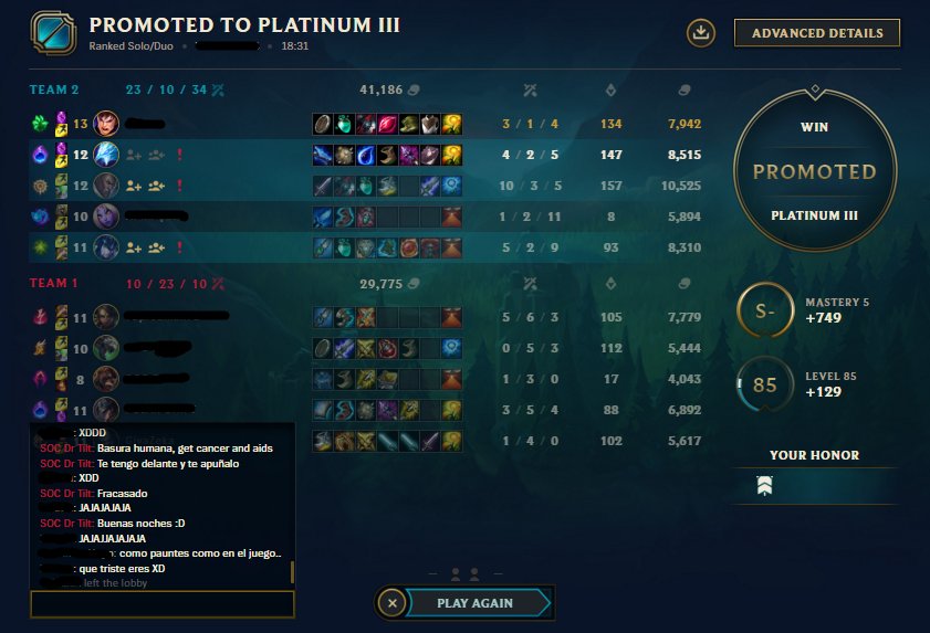 Juanma_Raistm's tweet photo. Hola @lol_es, que se pueda hacer aparte de reportar ingame a estos dos jugadores para que se lleven el ban que merecen?

Y aparte del stompeito que se han llevao quiero decir. Un saludo! https://t.co/vVpISV7Zyo
