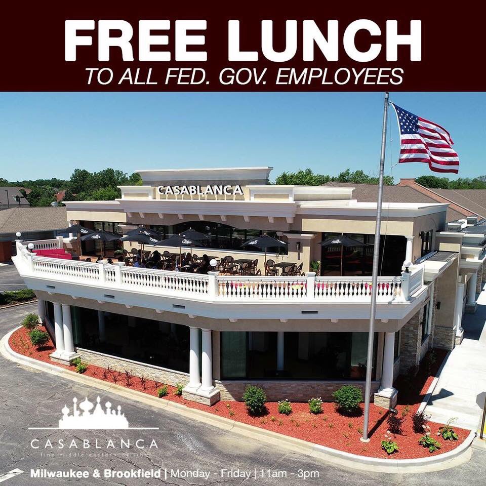 EatCasablanca's tweet photo. In light of this ongoing shutdown, Casablanca Restaurant is offering free lunch buffet Monday-Friday from 11:00am-3:00pm for furloughed Government employees. Please provide proper proof of federally-issued IDs😊 https://t.co/sMmpcyuxEV