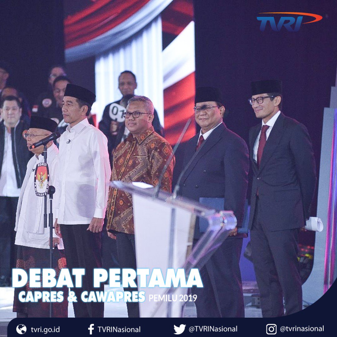 Terimakasih telah menyaksikan program DEBAT PERTAMA CAPRES & CAWAPRES PEMILU 2019 di #TVRI ,semoga bermanfaat bagi pemirsa dalam menentukan pilihan Presiden & Wapres di Pemilu 2019. Siapapun pilihan kita, kita tetap Indonesia...
#DebatPilpresTVRI
#SaluranPemersatuBangsa