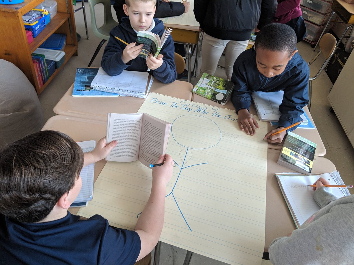wymomteach's tweet photo. Evidence collection for gallery posters for #Hatchet. Ss are really enjoying the text and making connections with the small group books we are using.  @jamie_royster #seabrookbobcats @WitWisdomELA #engagedinreading https://t.co/ZUBXGtp9v1