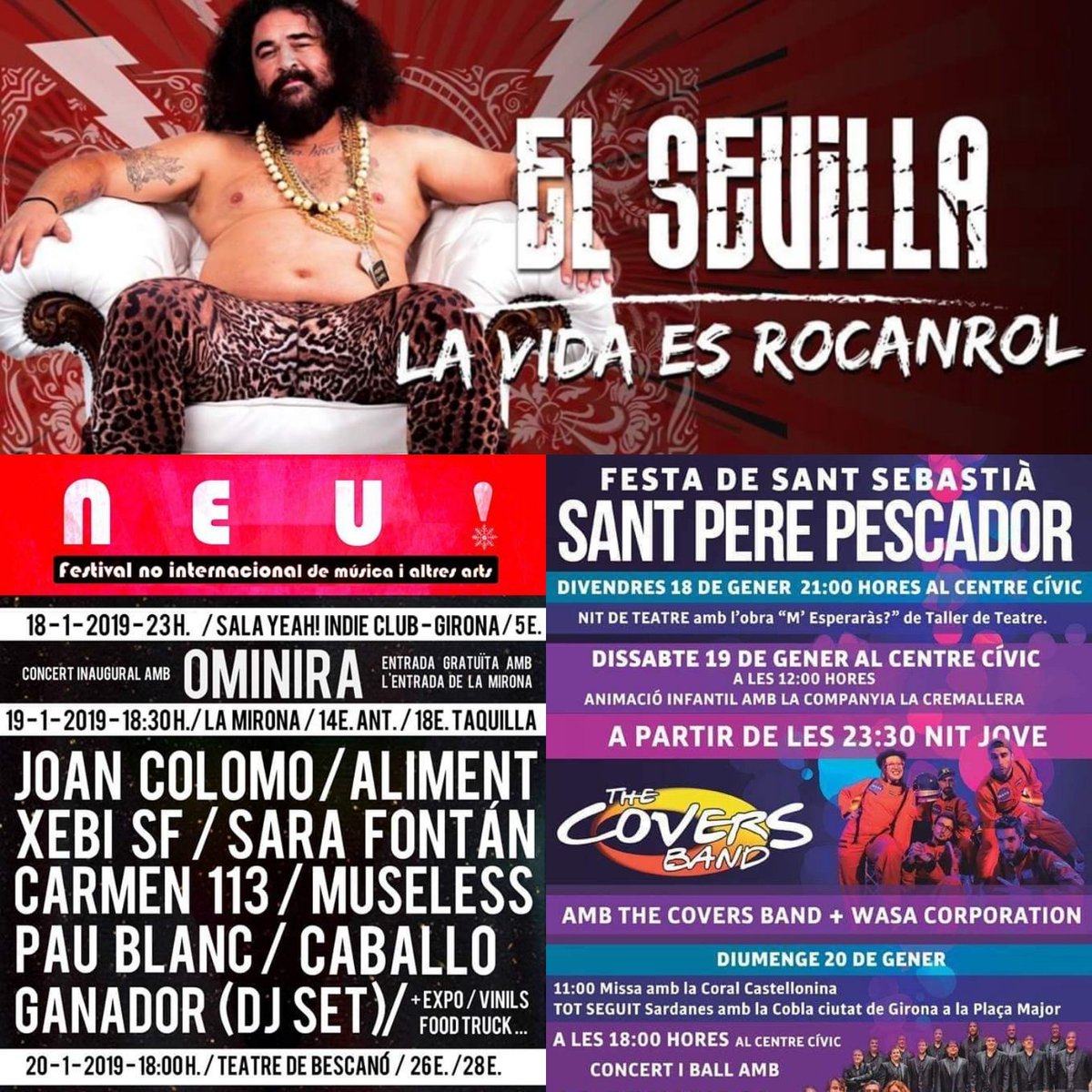 ✔️Y este sábado 19 de Enero tenemos a:

<a href="/MiguelelSevilla/">Miguel el Sevilla</a> "La Vida es Rocanrol"
Pequeño Teatro Gran Via de #Madrid 

🎫Entradas:
gruposmedia.com/cartelera/el-s…

 <a href="/carmen113music/">C△RMEN 113</a>
Festival NEU 

🎫Entradas :
 neuhome.org

<a href="/TheCoversBand1/">The Covers Band</a>
Festa de San Sebastià Sant Pere Pescador