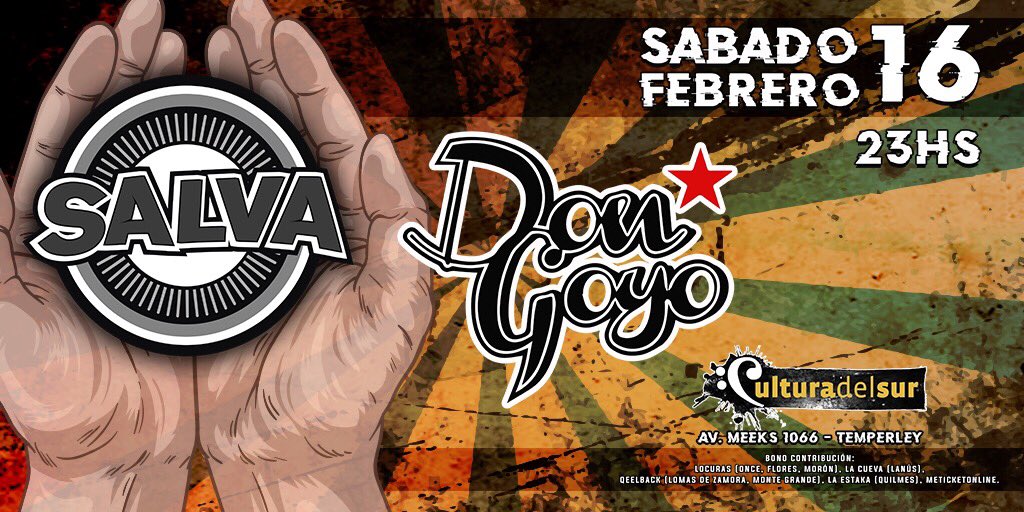 #GiraSantaCallexNuestrosBarrios Sábado 16 de Febrero 23hs en <a href="/Culturadelsur/">Cultura del Sur</a> (Av. Meeks 1066) Temperley junto a los amigos de <a href="/DonGoyoRock1/">DonGoyo</a> 

Entradas anticipadas $200 en las rockerias de siempre y meticketonline.com. Puerta $300