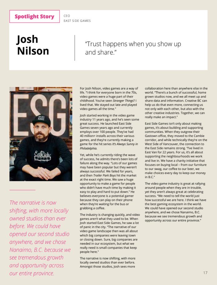 EastSideGames's tweet image. &quot;East Side Games isn’t only about making games, it’s about building and supporting communities.&quot; Curious? Want to read more? Check out @creativebcs&apos;s coverage of our company in their latest Impact Report! bit.ly/CreativeBCImpa… #techbc #yvr #vancovuer #gaming