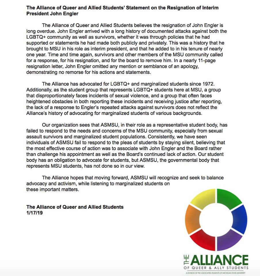 AllianceMSU (@alliancemsu) on Twitter photo The Alliance’s statement on Engler’s resignation. The Alliance’s statement on Engler’s resignation.