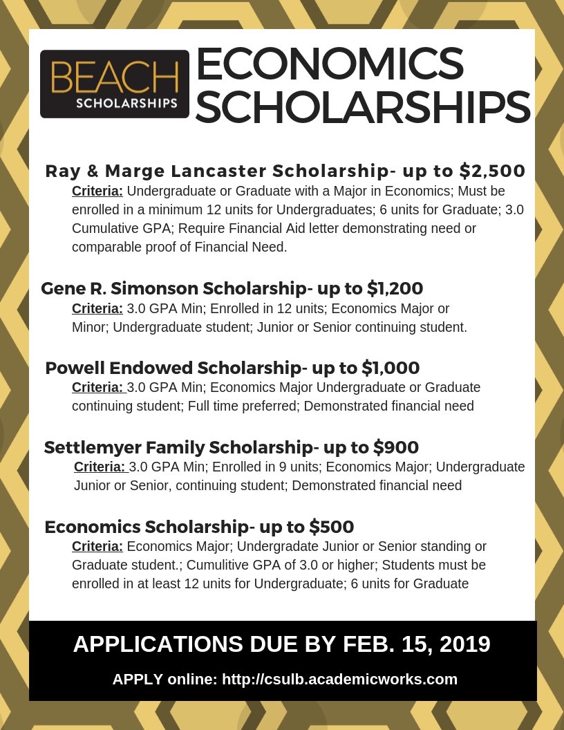 Thanks to generous donors, we have $14,800’s worth of scholarships to give out to #CSULB economics students! Click here to apply or for more info: csulb.academicworks.com