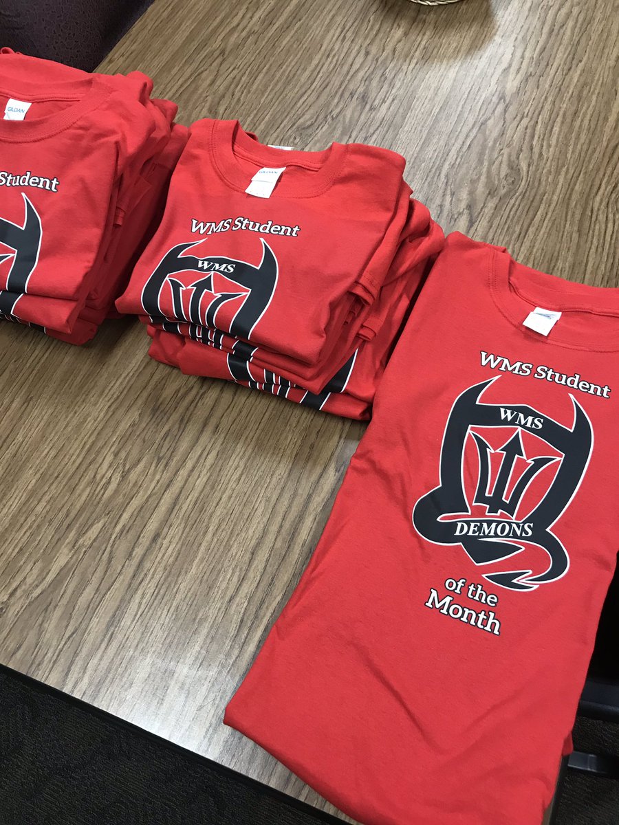MarkGoyette's tweet photo. Excited to give out these awesome t-shirts to the students who have been selected for Student of the Month for each grade level so far this year! We also want to thank our community for supporting our fundraisers so we can do things like this. GO DEMONS!!! #WMSDEMONS #GPSPRIDE https://t.co/ylhz2e7rBG