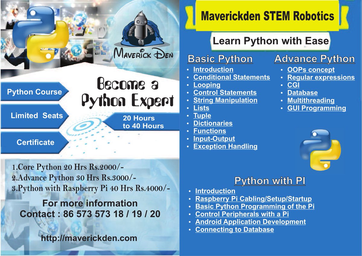 WeMaverick's tweet image. #MaverickDen offers you #PythonCourse become a Python expert. You should learn Python with Ease #BasicPython #AdvancePython #Python With #PI #Certificates Shrimati Indira Gandhi College Of Engineering (Ghansoli) #SIGCE
