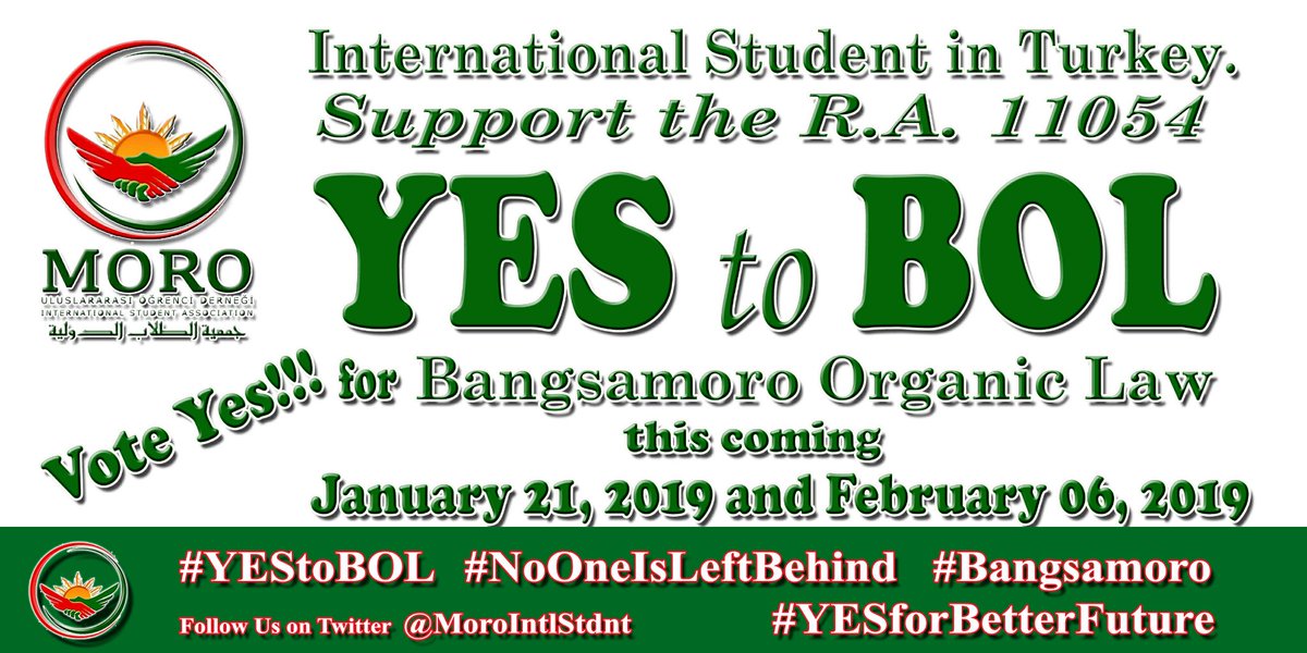 MoroIntlStdnt's tweet photo. #YEStoBOL this coming January 21, 2019 #Plebiscite @DeedatMA @asmakopruank @benjieubpon @mha091610 @ANCALERTS @ABSCBNNews @AJEnglish @datuz3 @gmanews @gmanewsbreaking @PTVph @Tpmt2013 @theMILFchairman @RRD_Davao @peacegovph @delacse @luwaran1 @ArtMcsuhart @mindanewsdotcom https://t.co/Bm8RqCPuw2