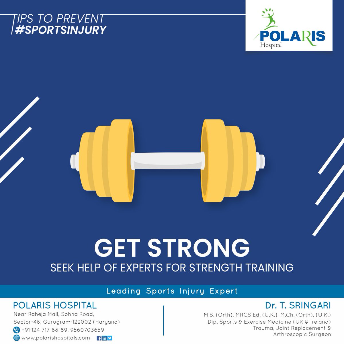 All sports have a risk of injury. Fortunately, the benefits of sports participation outweigh the risks.
To reduce the risk of #sports #injury, strengthen your muscles under expert's supervision.  #SportsInjuries #PolarisHospital #DrTSringari #strengthandstamina