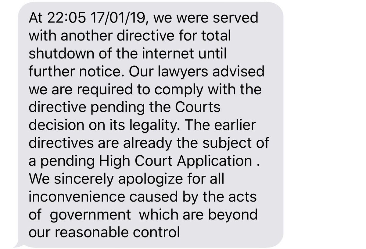 misazimbabwe's tweet photo. Around midnight , #Zimbabwe plunged back into a total #InternetShutdown. Econet sent the message below stating the current blackout is happening despite a pending court action: @ZLHRLawyers @misazimbabwe. The High Court is yet to set a date for the hearing #KeepItOn #Davos https://t.co/uBIfkATvo3