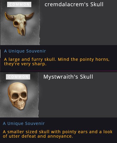 caldera_hq's tweet image. Today we auction cremdelacrem and @Mystwraith3&apos;s skulls. They do not play the same faction but they&apos;re inseparable like Bonnie and Clyde, Laurel and Hardy or Beavis and Butthead. Two skulls, bidding starts at 30.000 gold ! Bidders Are winners @CrowfallGame