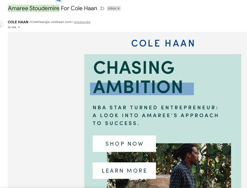 dnhcode's tweet image. .@colehaan how are you going to misspell Amar'e Stoudemire's name (@Amareisreal) and misrepresent his social media over and over on an email? fire that dude. hire me!