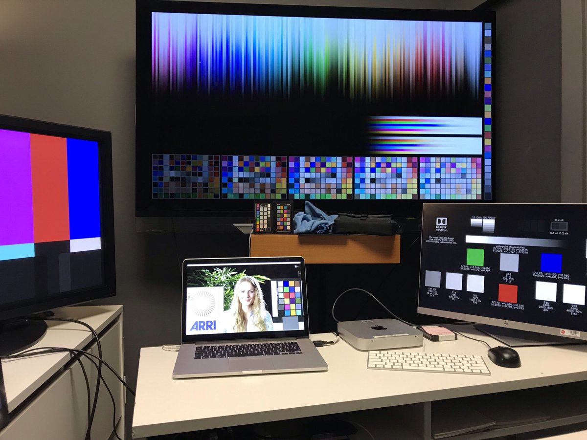 colour_dpm's tweet photo. #colorQ #coloursciencelab #colourgrading #methodstudios #testcharts end of day test chart party. ACES SyntheticChart, Dolby Vision UHD HDR, SMPTE Bars and ARRI Isabella. More tomorrow this is just me texting room and set ups etc. https://t.co/tkZ3pe1gtE