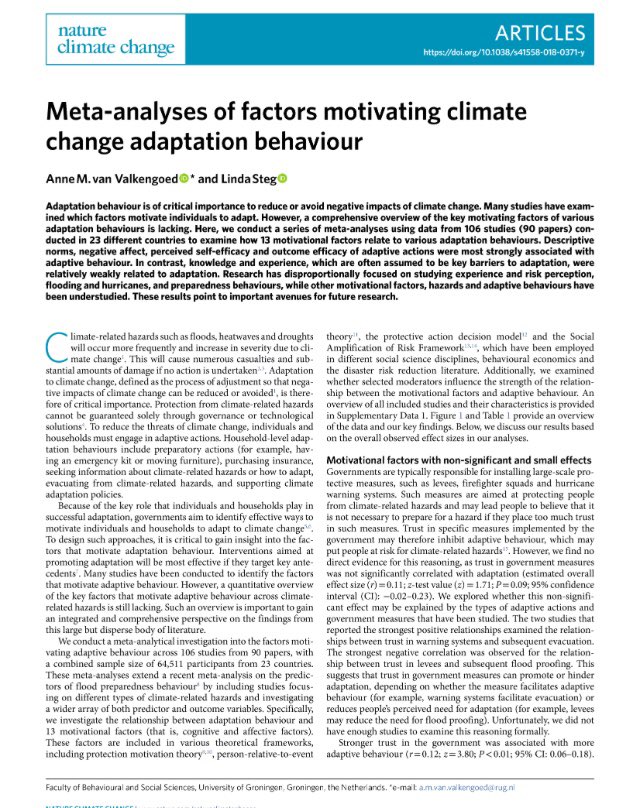 AdaptXChange's tweet photo. Interested in reading about the key factors motivating adaptive behaviour? A new open access paper in @NatureNews showcases meta-analyses of 13 motivational factors underlying #ClimateChange #adaptation. Read the paper here👉🏽 https://t.co/bWshmz78DQ https://t.co/6VnWIs3okT