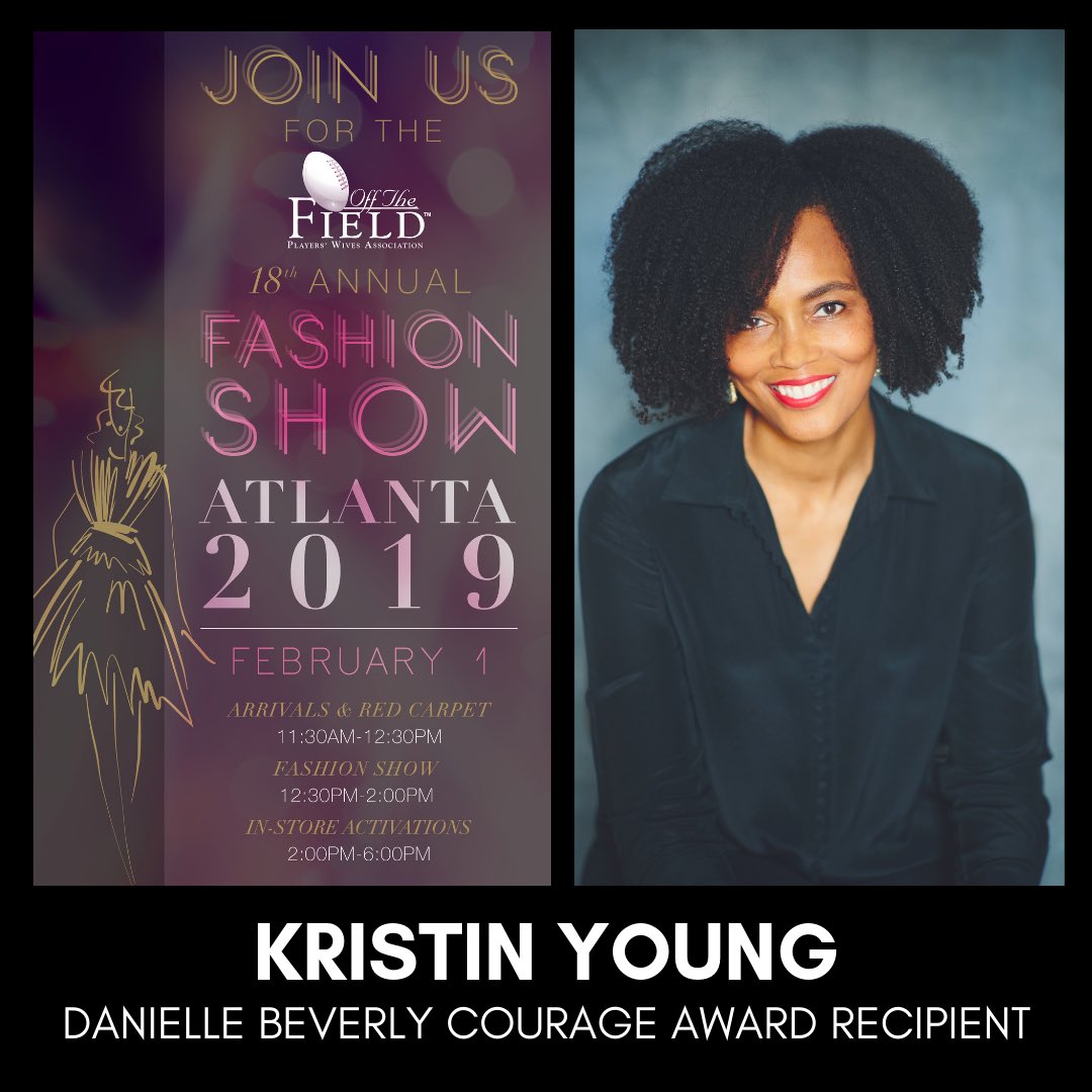 OffTheFieldNFLW's tweet photo. Please join us in congratulating Kristin Young, the wife of NFL Legend & Atlanta Falcons Coach Bryant Young & recipient of The Danielle Beverly Courage award. Purchase your ticket & attend the OTF Fashion Show to learn more. https://t.co/IwkYyaVt10
#OffTheFieldPWA #OTFPWA https://t.co/eqnd0t7IlF