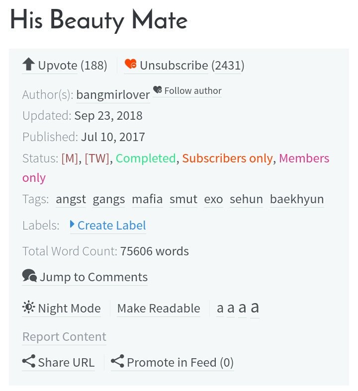 His Beauty MateCompletedMafia, RomanceSehun x OC x EXOOmg this story is so good! I really love it  this author is one of my favorite  https://www.asianfanfics.com/story/view/1268224/his-beauty-mate-angst-gangs-mafia--exo-sehun-baekhyun