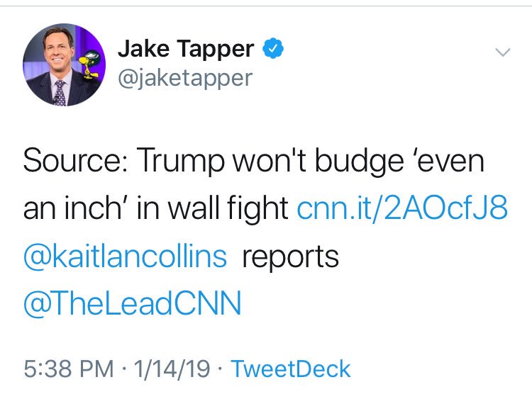 First up. This screen grab is of more than 3 weeks into the shutdown and Trump held steady until then. It’s a safe guess that he is not in an inch-giving mood but  @kaitlancollins has a “source” for it.
