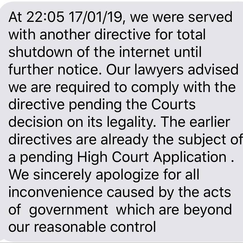 iafrikan's tweet image. Internet was restored in Zimbabwe with some restrictions yesterday, government then went on to instruct Econet, TelOne, NetOne, and ZOL to cut off all Internet services again. The government is currently actively threatening telecommunications companies.

#ShutdownZimbabwe