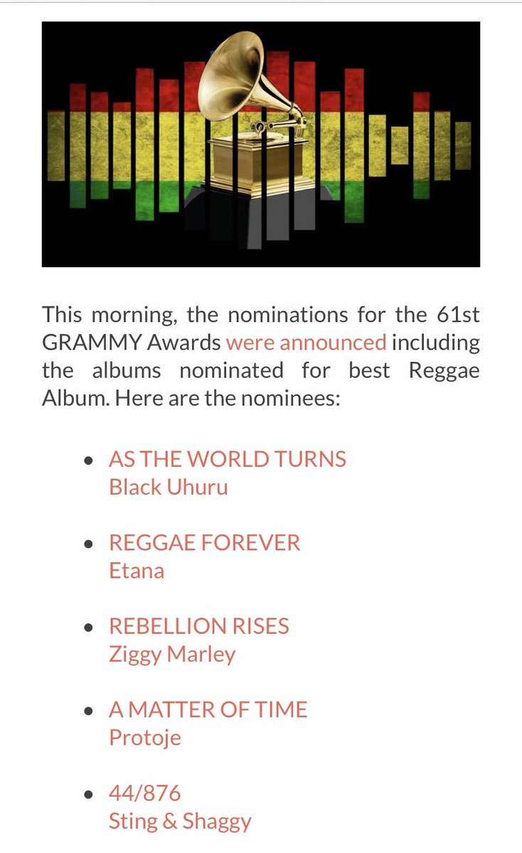 BlackUhuru (@blackuhuru_) on Twitter photo One Love & Positivity <a href="/RecordingAcad/">Recording Academy / GRAMMYs</a> for the nomination for our new album ‘AS THE WORLD TURNS’ #Grammy #2019 #BestReggaeAlbum ❤️💛💚 One Love & Positivity <a href="/RecordingAcad/">Recording Academy / GRAMMYs</a> for the nomination for our new album ‘AS THE WORLD TURNS’ #Grammy #2019 #BestReggaeAlbum ❤️💛💚