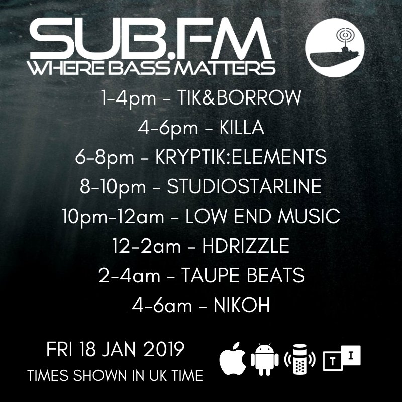 SubFM's tweet image. The lineup for Friday 18th January 2019

Sub.FM

@tikandborrow @KryptikElementz @djsyte @freudubs @StudioStarline

#Dubstep #UKGarage #BassMusic #DnB #Grime #Dub #Reggae #House #Techno #Juke #Bass #Radio