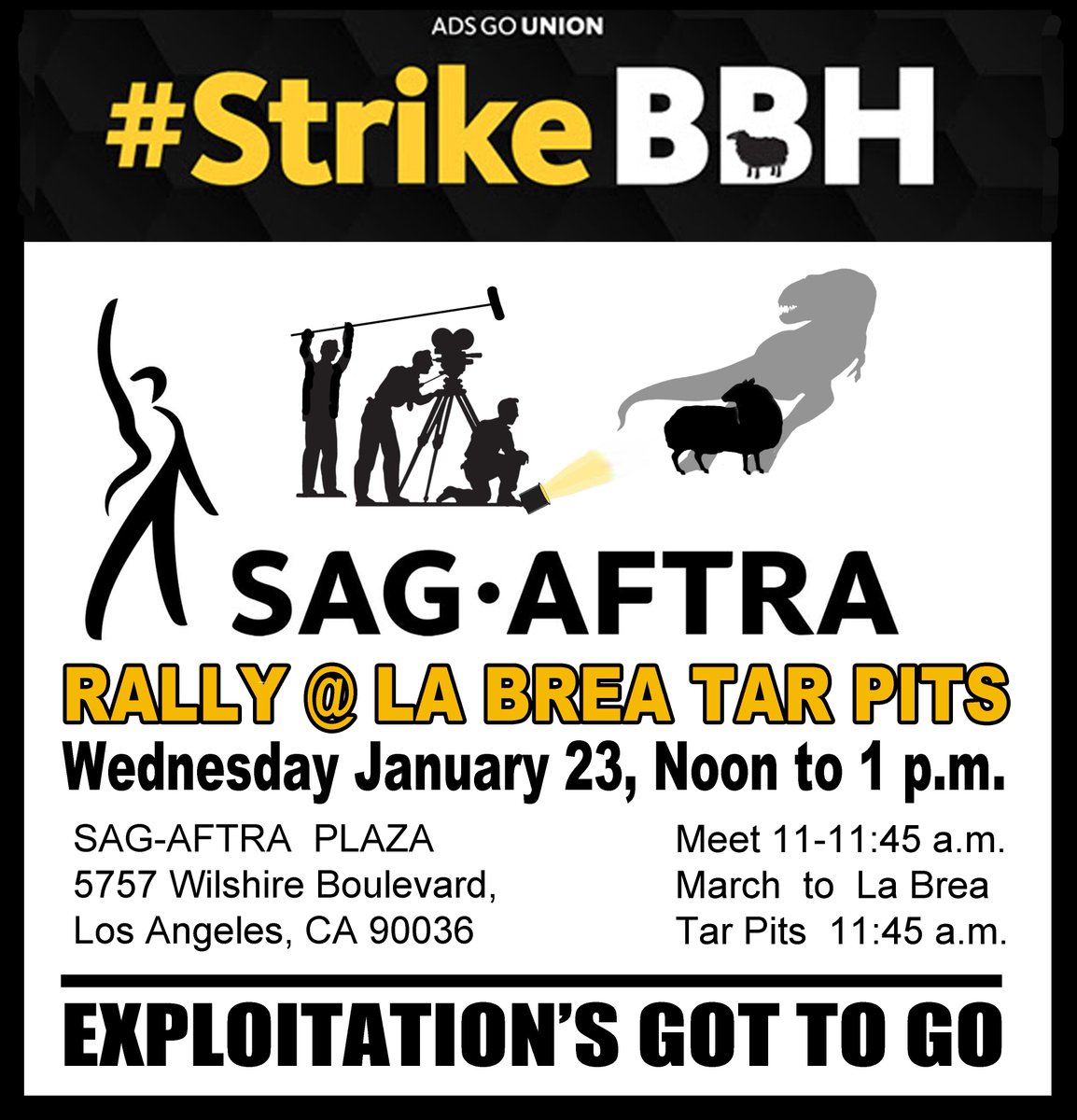 #StrikeBBH action Wed. Jan. 23 Noon- 1pm. Meet @SAGAFTRA HQ 11a.m. -11:45a.m.All Union supporters welcome. Corps are #UnionBusting #SAGAFTRA then you.Copy/Paste/Share. #AllUnionSets #1u @Teamsters @TeamLocal399 @IATSE #unionstrong #LAisaUnionTown @unionworking #DGA #wegotyourback