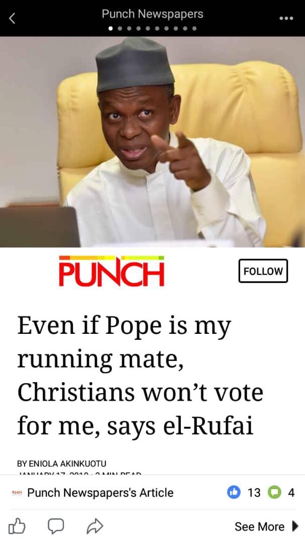 The divisive narrative being peddled by @elrufai should be condemned by all peace lovers in Kaduna. Since 1999 Christians have voted Muslims (Markafi, Sambo &Yero),also Muslims voted for a Christian (Yakowa). We will work to unite our people not divide them.
#RescueMission2019