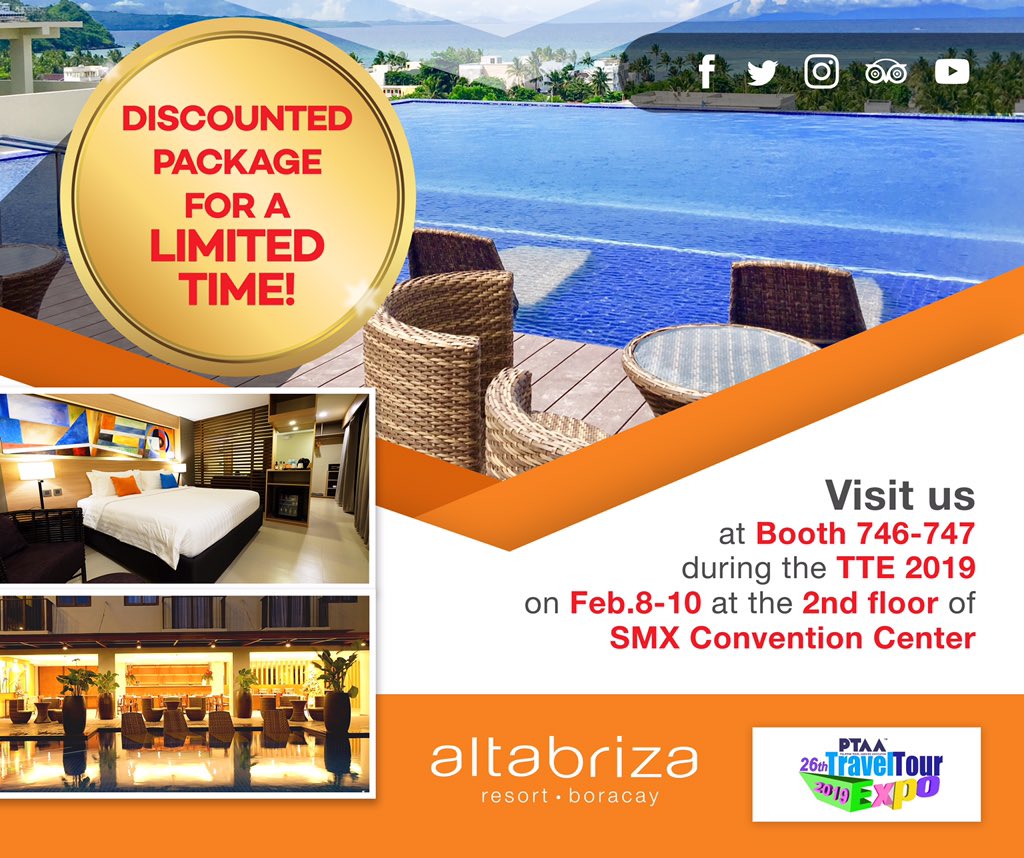 altabrizaresort's tweet photo. Don’t miss this 3-day-only promo!!!

Visit us at Booth 746-747 during the TTE 2019 on February 8-10 at the 2nd floor of SMX Convention Center

#PTAATravelTourExpo #TTE2019 #Boracay #wanderlust #travelPH https://t.co/JFJwQA18Pf