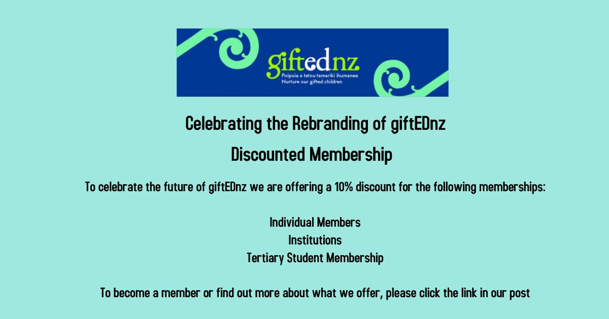 Become a member of giftEDnz and receive a 10% discount to celebrate our rebranding. Offer open until Feb 2 2019. #edchatnz 
giftednz.org.nz/membership?src…