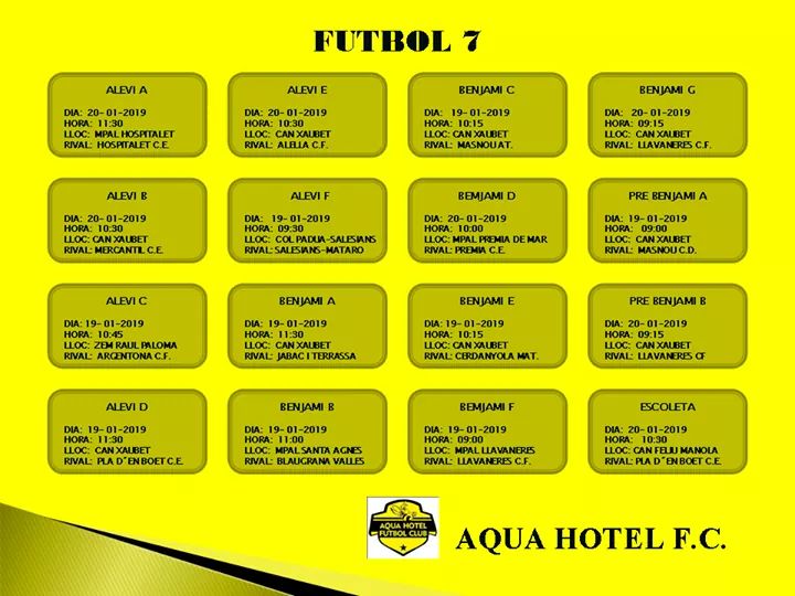 AQUAHOTELFC's tweet photo. 📆⏰ 🔝🔝🐝⚽ Horaris 📋.
Partits Cap de Setmana 19 i 20 Gener !!!
@AQUAHOTELFC @aquahotel @pinedademar @RadioPinedaFM #CanXaubet #CanFeliuManola #futbolbase #escoleta #granprojecte https://t.co/qH7kzzomg1