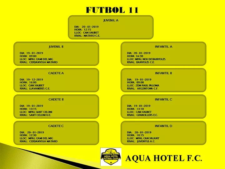 AQUAHOTELFC's tweet photo. 📆⏰ 🔝🔝🐝⚽ Horaris 📋.
Partits Cap de Setmana 19 i 20 Gener !!!
@AQUAHOTELFC @aquahotel @pinedademar @RadioPinedaFM #CanXaubet #CanFeliuManola #futbolbase #escoleta #granprojecte https://t.co/qH7kzzomg1