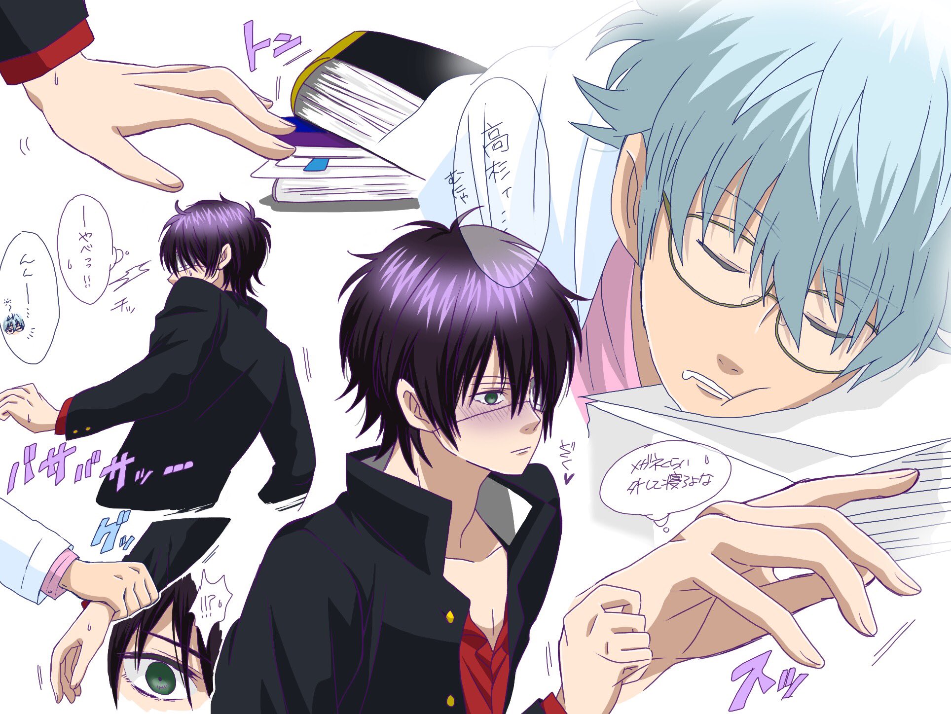 Kumiko على تويتر ねるこさんの呟きを絵にする ぱったか 放課後 国語準備室に サボった分の課題を出しにいったら 銀八が机に伏せて寝てて めがね邪魔そうで 取ってあげたら 寝言で 高杉 って呼ばれて