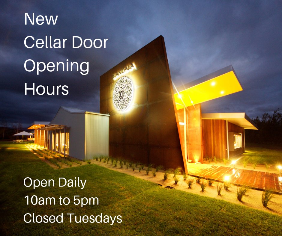 MandalaWines's tweet photo. Good news! Our trading hours have extended mid week. The Cellar Door is now open daily from 10am to 5pm (closed Tuesdays). Cellar door menu available Wed to Sun so come and say hello, grab a glass of wine and a bite to eat and sit out on the Cellar Door terrace #yarravalley #wine https://t.co/TKU0bkiuzu