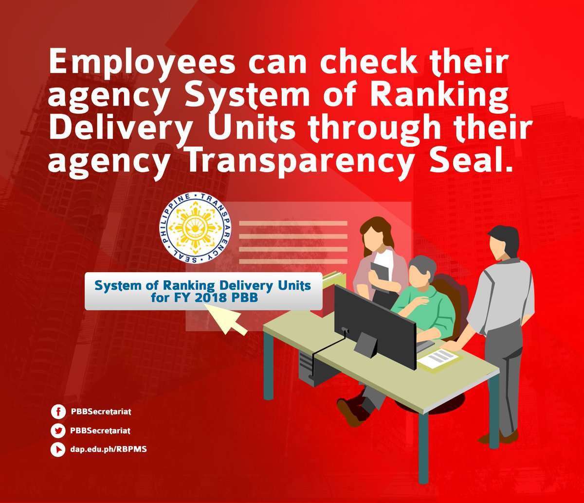 PBBSecretariat's tweet photo. Transparency is key! Engage your delivery units and employees in enhancing their performance by increasing transparency within your agency. Posting the #SystemOfRankingDeliveryUnits in the #TransparencySeal is one of the requirements for #FY2018PBB. https://t.co/OnqobI0sRi