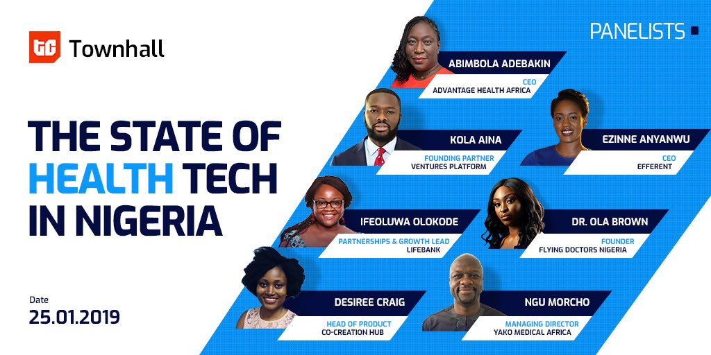 TechCabal's tweet photo. MEET THE PANELISTS: @kola_aina of @vplatformhub, @NaijaFlyingDr of @FlyingDoctorsNG, @Ifeoluwahan OG @LifeBankNigeria, @raydaizy of @Cc_HUB, @jimi365, @EzinneAnyanwu and Ngu Morcho of Yako Medical. 

Jan 25th, 2019. Impact Hub, Lagos. Registration link coming soon! #TCTownhall https://t.co/fnDVG5wjCa