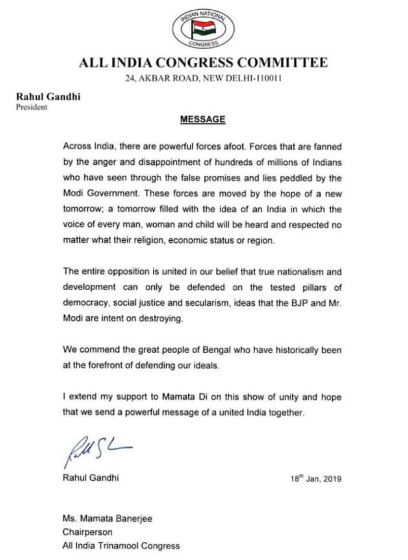 Congress President @RahulGandhi writes to @MamataOfficial to extend his support & send a powerful message of a united India.