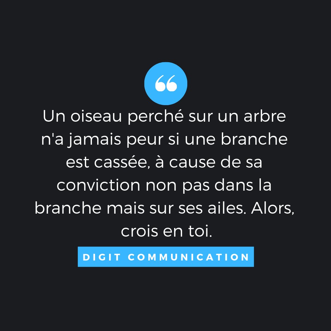 digitcom_ci's tweet photo. Un oiseau perché sur un arbre n'a jamais peur si une branche est cassée, à cause de sa conviction non pas dans la branche mais sur ses ailes. Alors, crois en toi.
#entrepreneur #digittal https://t.co/OsSKPTnyAq