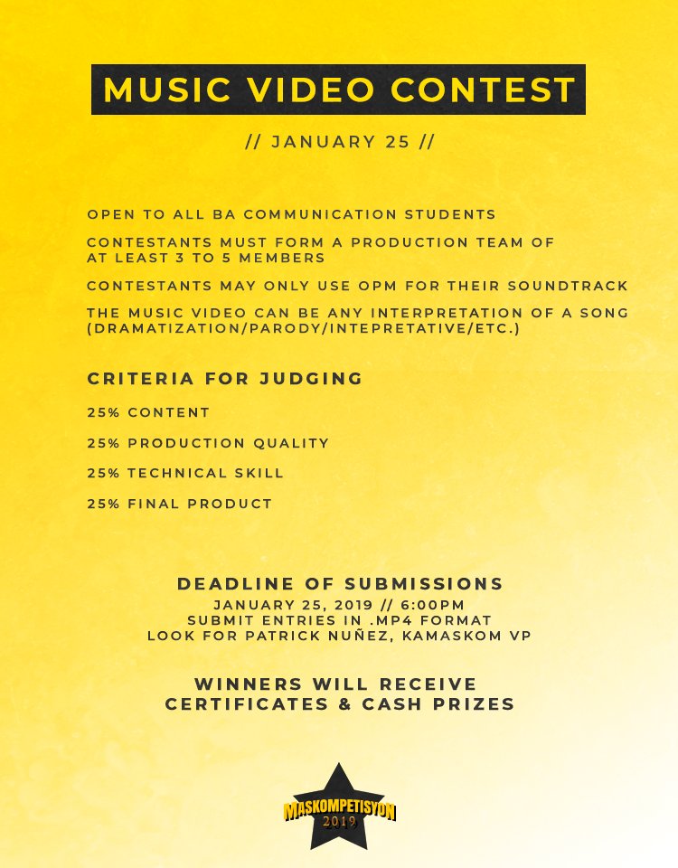 UPHSDKamaskom's tweet photo. In celebration of the CAS Days, KAMASKOM along with the Department of Communication presents #MASKOMPETISYON2019

Open to all BA Communication students, MASKOMPETISYON is an event where students can hone their skills in scriptwriting and production.

See you there, KAMASKOM! 🌟 https://t.co/AUMCA3yb3v