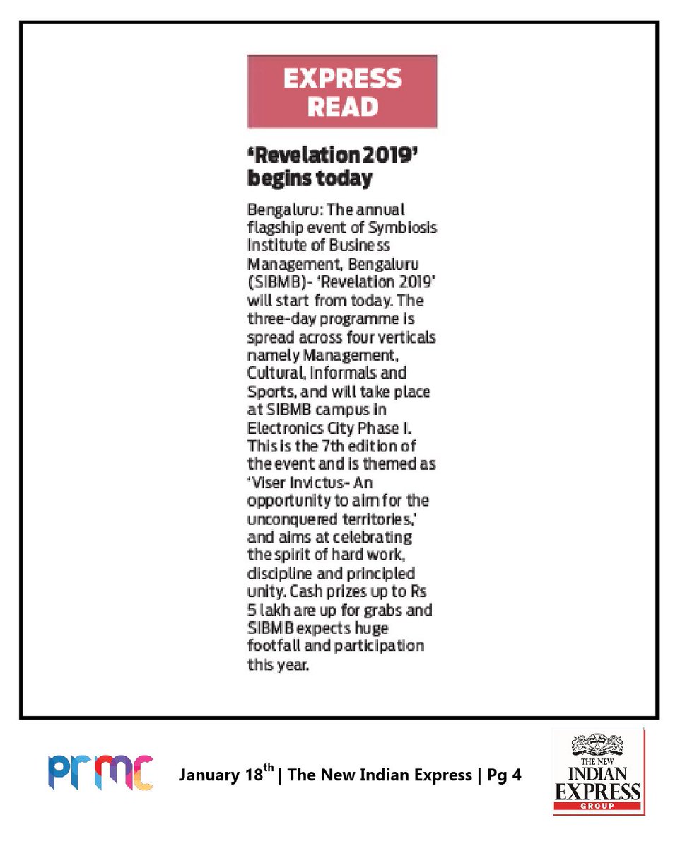 SIBMBengaluru's tweet photo. The buzz around #Revelation2019 has caught up to @NewIndianXpress . We thank them for helping us spread the word about our drive for conquering passion.
#ViserInvictus #PR_Updates https://t.co/Rj2IWiwCSx