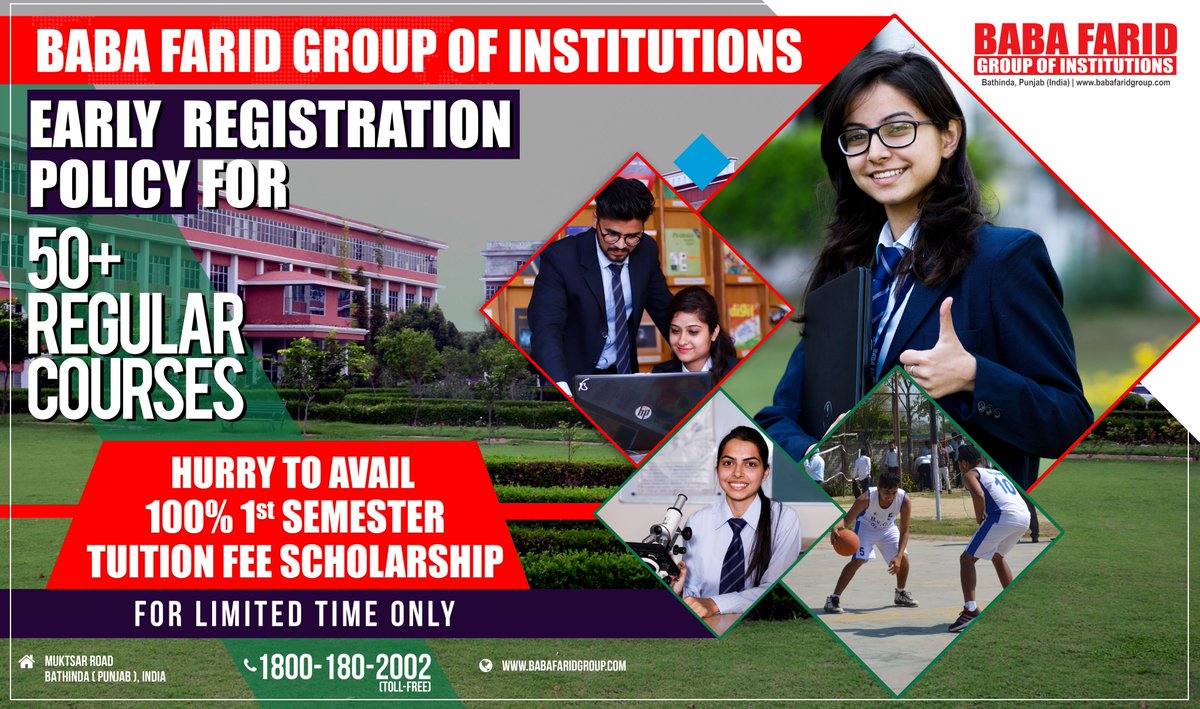 BabaFaridGroup's tweet photo. โก๏ธAnnouncing Early Registration Policy
Register Now and Avail 100% 1st-semester Tuition Fee Scholarship in 50+ Regular courses at Baba Farid Group of Institutions
๐https://t.co/VJf5m2IcW4
๐ฒ1800-180-2002(Toll-Free)
#BFGI #BFC #BFCE #BFCMT #EarlyRegistration #Scholarship https://t.co/0tlHQMslsj