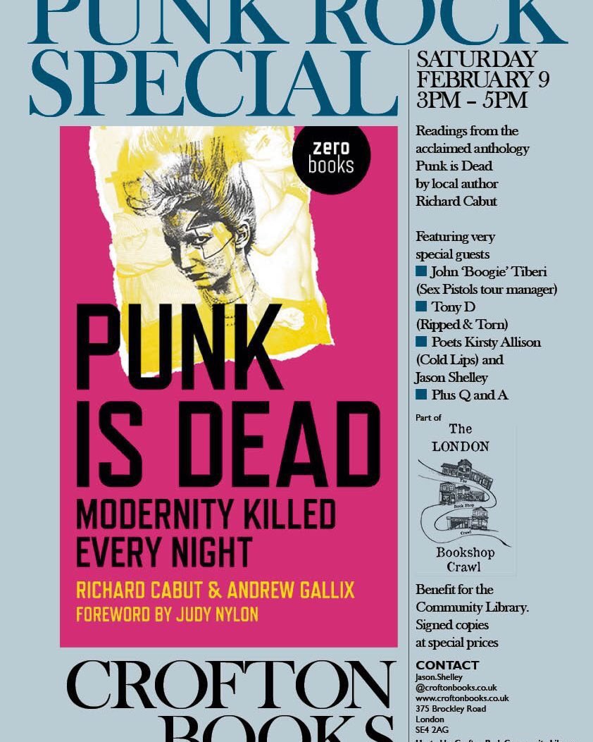 LibrarySE4's tweet image. Punk is dead☠️⚰️ but not at Crofton Park Community Library👊 👉🏽Saturday 9th February 
We are hosting this great event organised by our resident @CroftonBooks and our local author @richardcabut Profit will fund our library.🙏