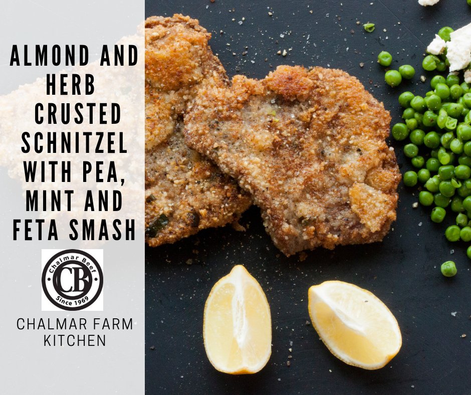 ALMOND AND HERB CRUSTED SCHNITZEL WITH PEA, MINT AND FETA SMASH
   
Living a gluten-free lifestyle? Try making your favourite dishes to fit your diet. Using almond flour is a great substitute for bread crumbs or flour. 
  #chalmarfarmkitchen