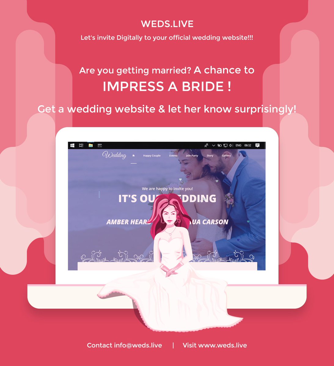 WedsLive's tweet image. Weds.live offering stunning wedding website with bride &amp;amp; groom name printed Domain URL( brideandgroom.weds.live ). Free website, Free Domain &amp;amp; Pay for hosting just 500 INR for 3 months. For more information visit weds.live #wedding #official_website